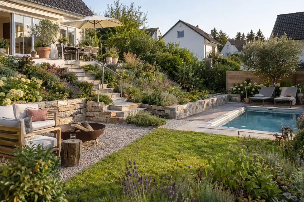 Gesamtszene mit Terrasse, Treppe, Böschung, Steinkante, Sitzebene und Pool.