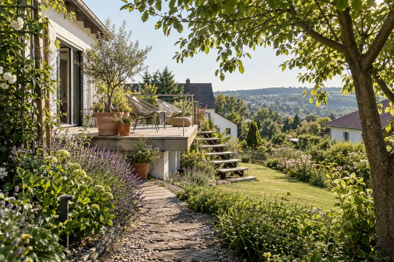 Luftige Hochterrasse mit leichter Verbindung zum unteren Garten.