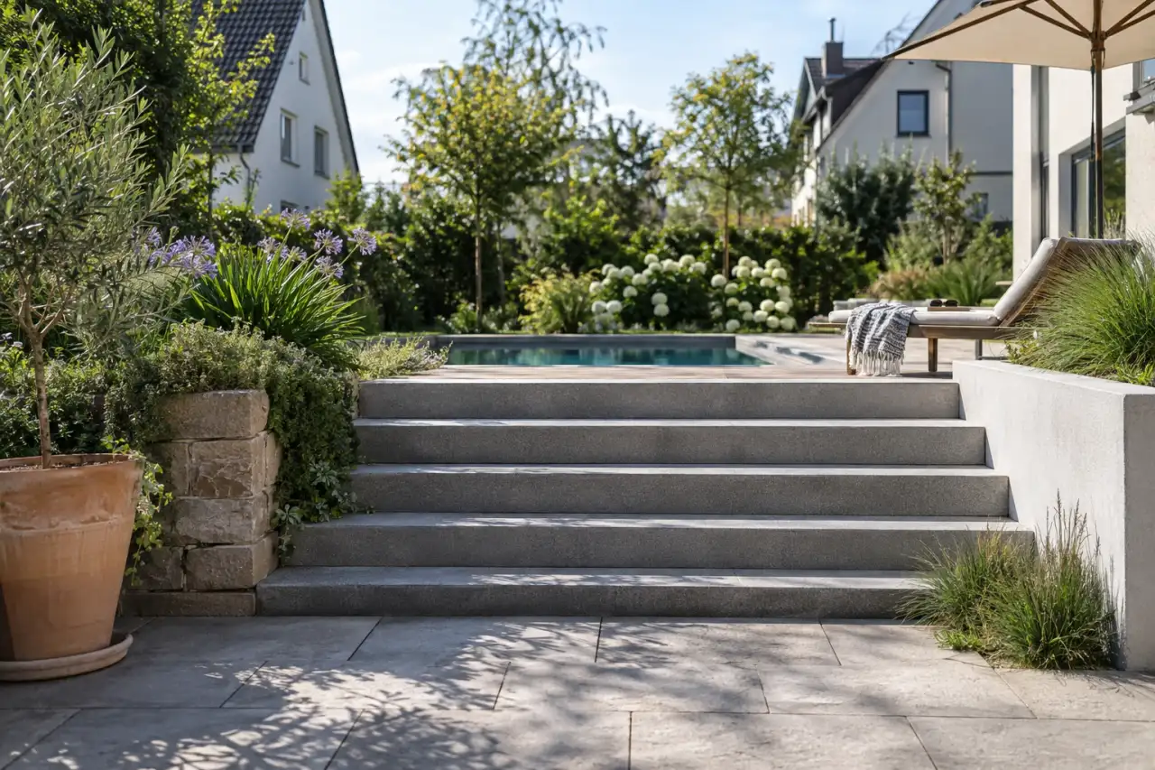 Modern gestufter Hanggarten mit Pool auf der oberen Ebene.