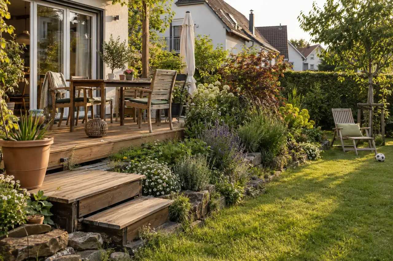 Wohnliche Holzterrasse über einem leicht abfallenden Garten.