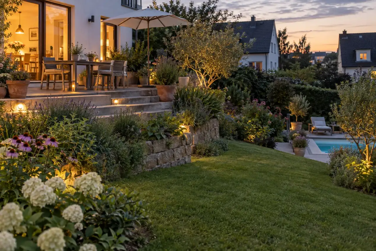 Abwechslungsreicher Hanggarten mit Terrasse, Ebenen und Pool.