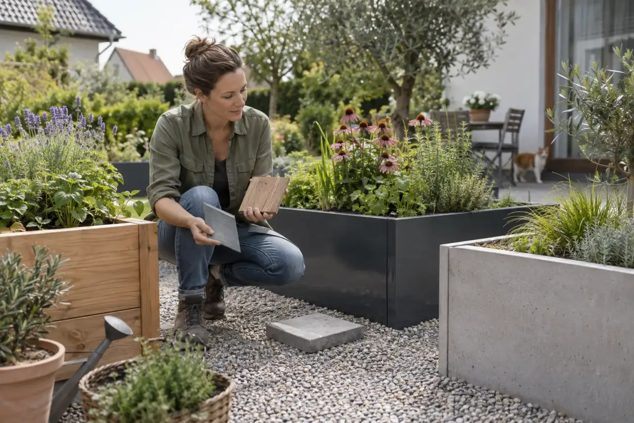 Materialien und Pflanzen werden im Gartenkontext verglichen.