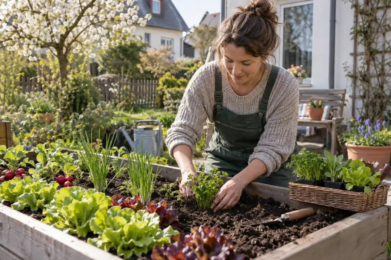 Frühjahrsbepflanzung eines Hochbeets mit Kräutern und Salat.