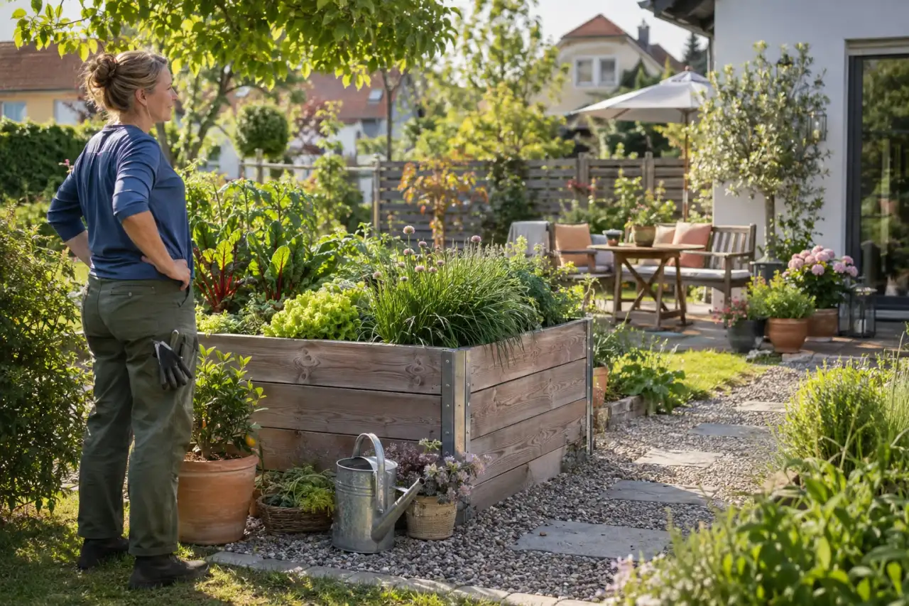 Gärtnerin prüft die räumliche Wirkung eines Hochbeets.