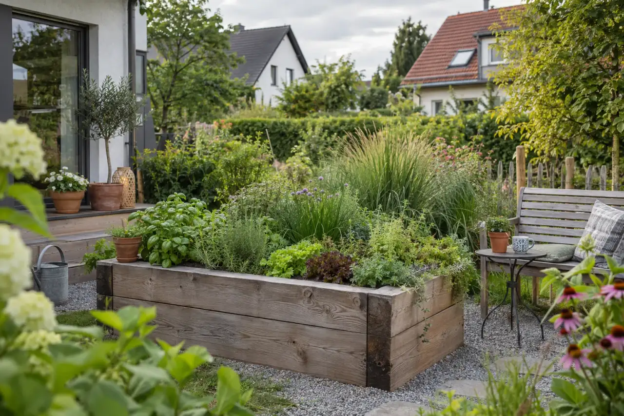 Ruhige Gartenszene mit Naturholz, Kräutern und Bank.