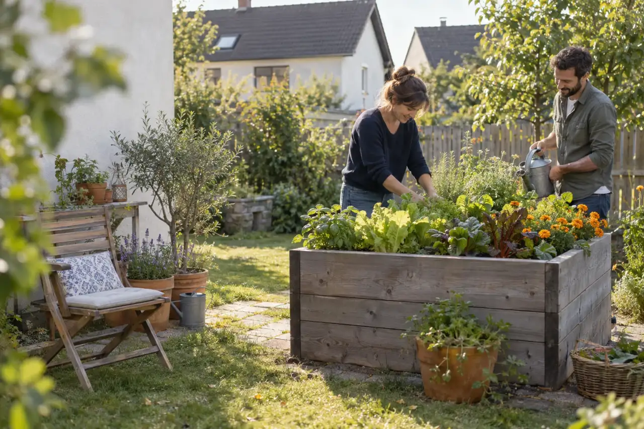 Gestaltetes Holzhochbeet im kleinen deutschen Garten mit Gemüse und Kräutern.