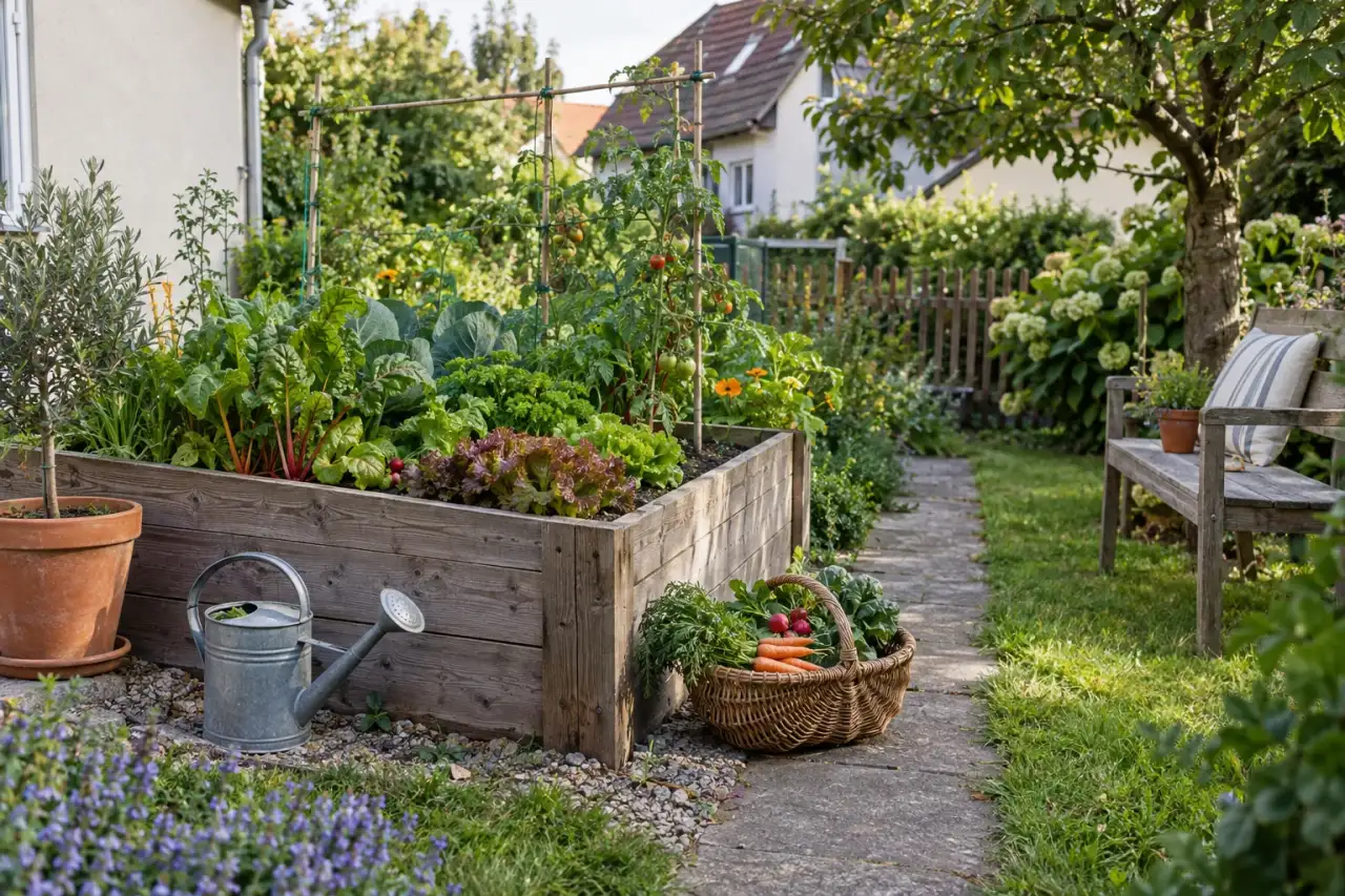 Ein Gartenbild mit Hochbeet, Weg, Bank, Topf, Gießkanne, Rankhilfe und Erntekorb.