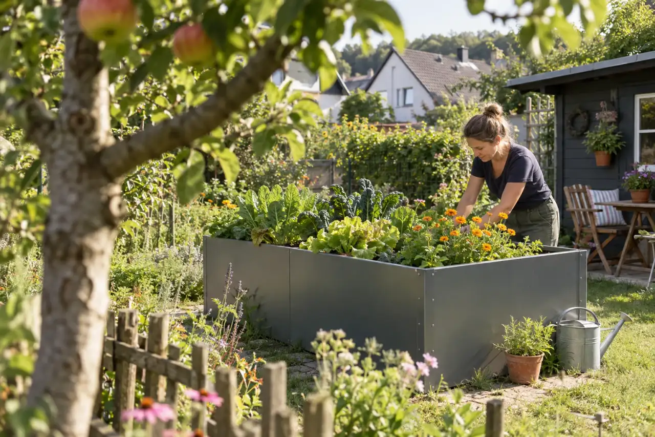 Klar eingefasstes Metallhochbeet im Kleingarten.