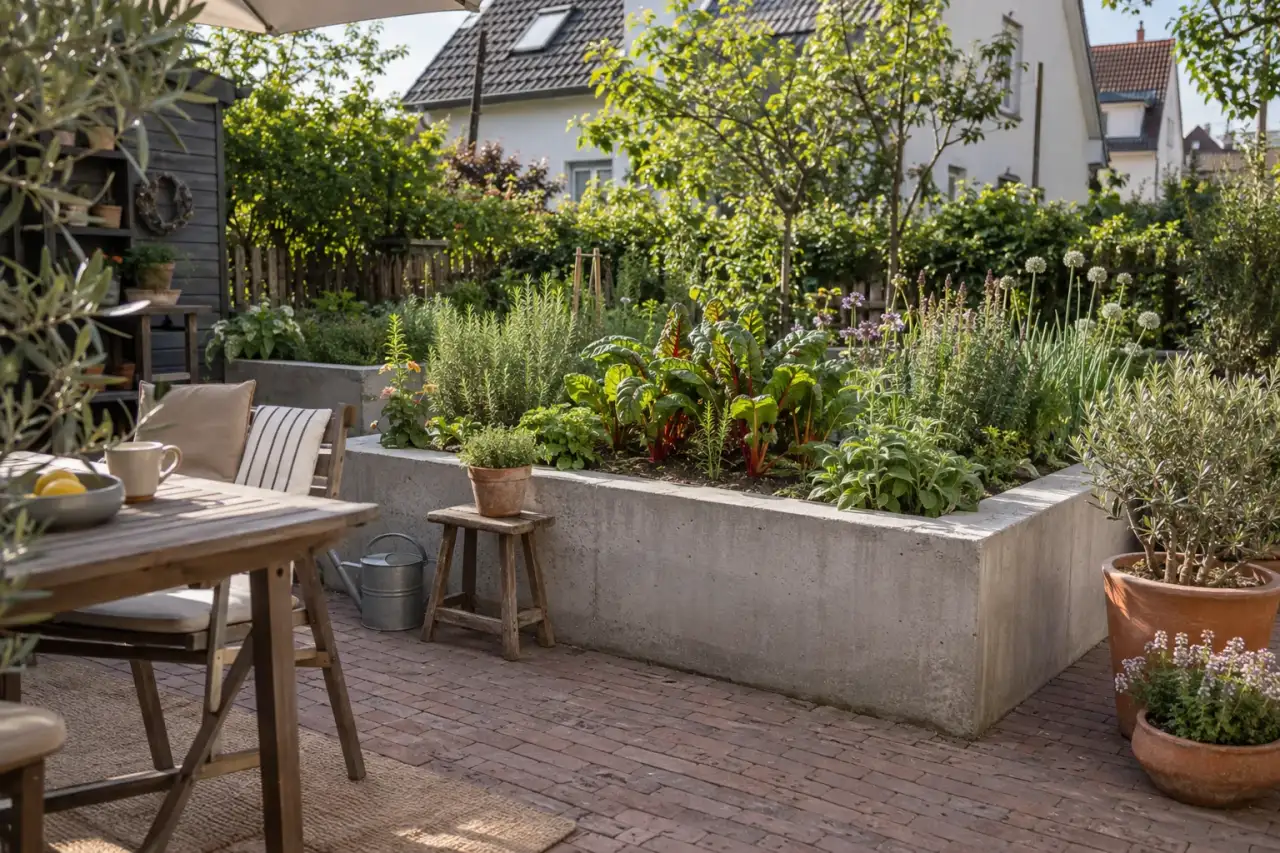 Massive Betoneinfassung als ruhiges Hochbeet an der Terrasse.