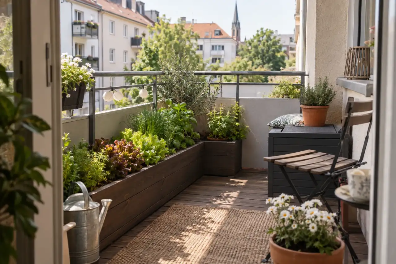 Platzsparendes niedriges Hochbeet in einer Balkon-Ecke.
