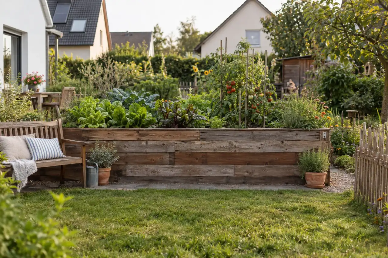 Rustikales Holzhochbeet als Gartenaufteilung mit Sitzbank.