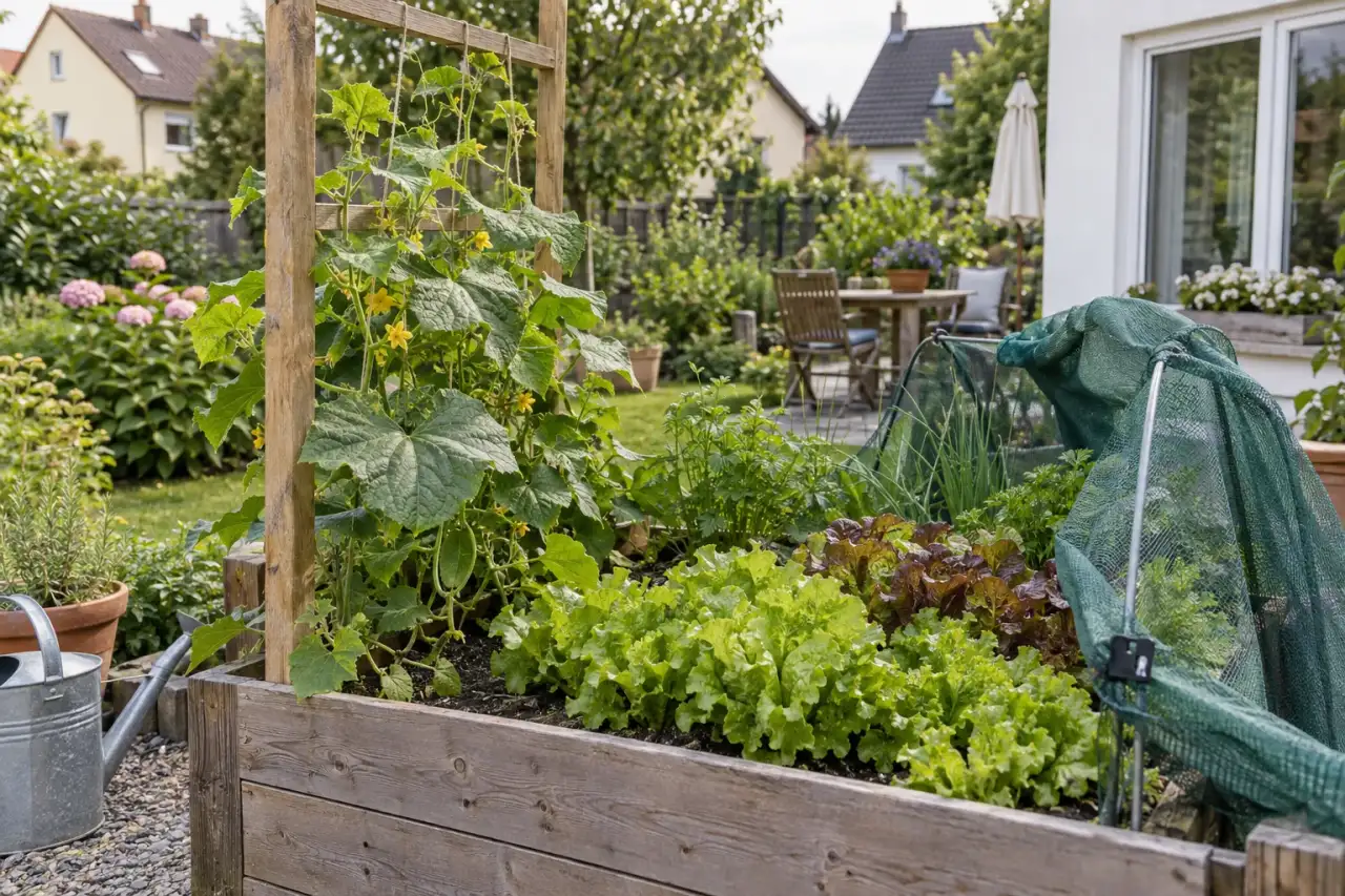 Hochbeet mit schlichter Rankhilfe und geöffnetem Schutznetz.