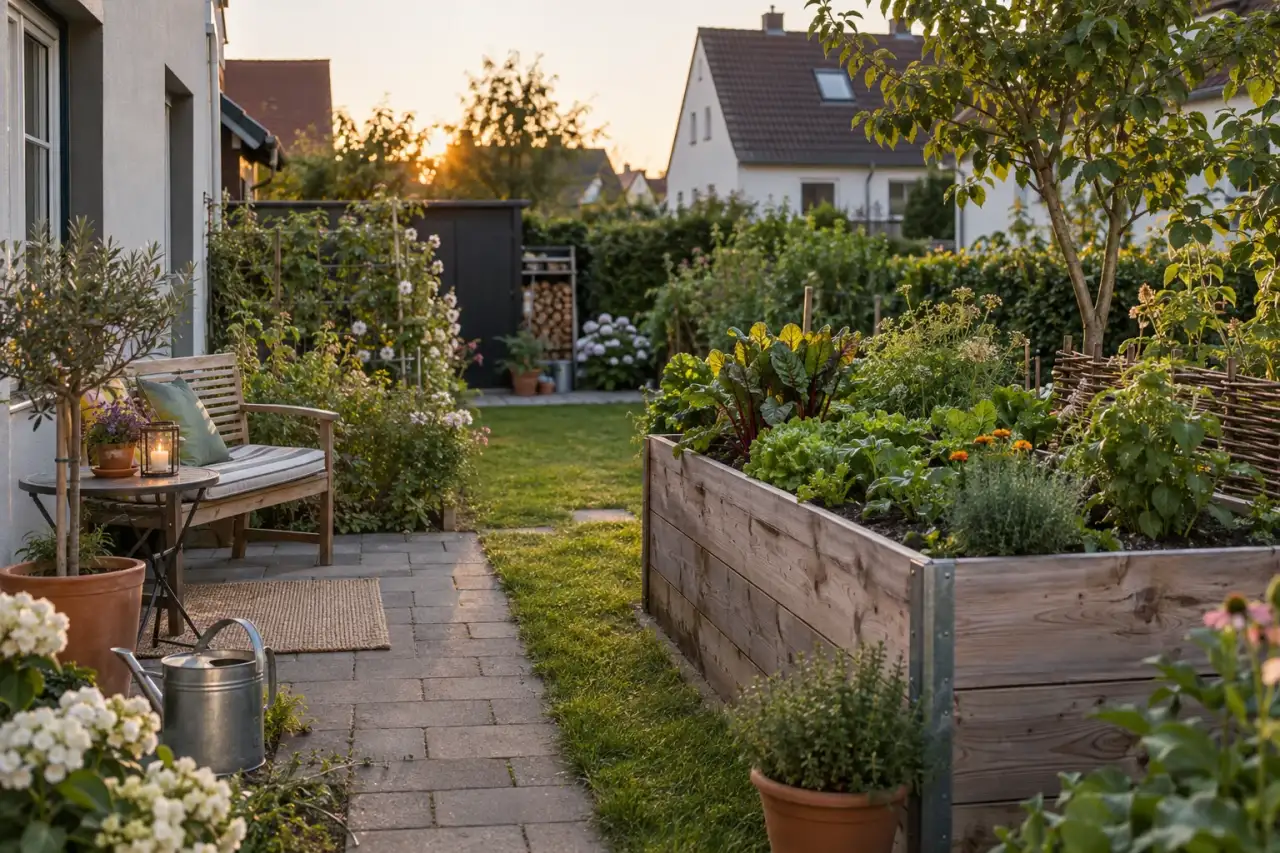 Stimmig integriertes Hochbeet mit offenem Gartenweg und Sitzbank.