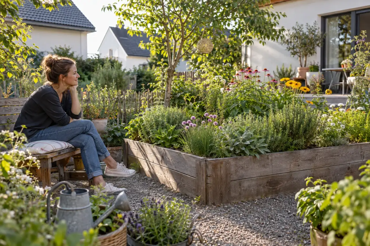 Blick vom Gartenweg auf ein alltagstauglich gestaltetes Hochbeet