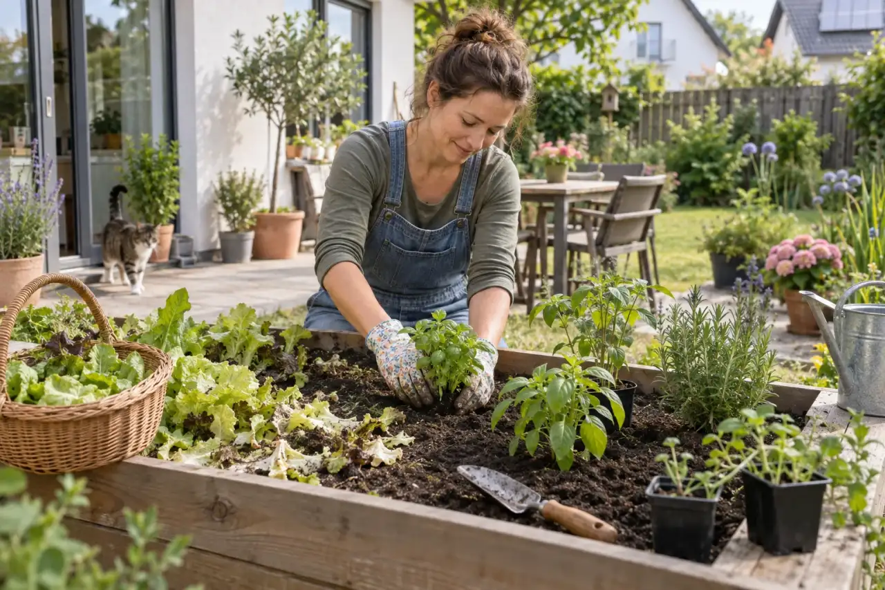 Gärtnerin gestaltet den Wechsel von Frühjahrs- zu Sommerpflanzen