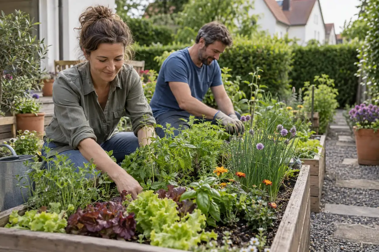 Kleine Blüten zwischen Gemüse und Kräutern im Hochbeet