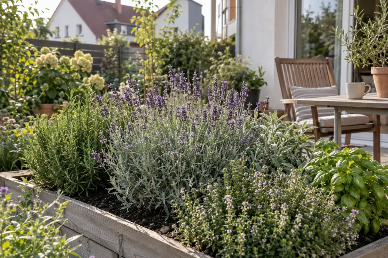 Aromatische Kräuter mit silbrigen Blättern und violetten Blüten