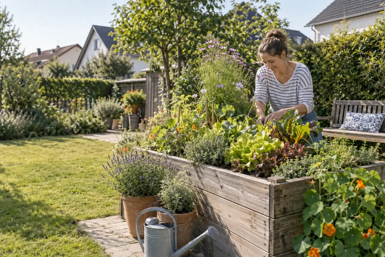 Gestaltetes Hochbeet mit Gemüse, Kräutern und Blüten im Hausgarten