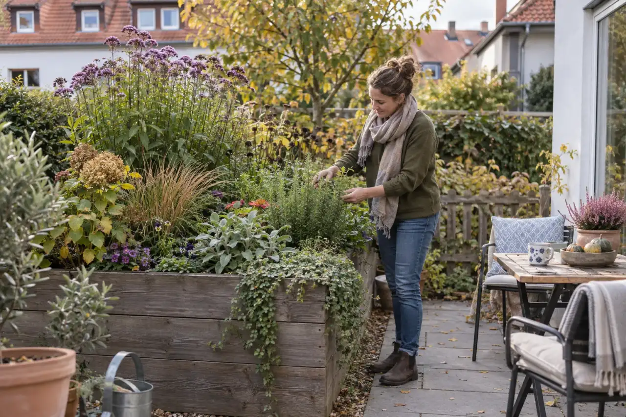 Eine Gartenszene mit Höhen, Blattkontrast, Blüten, Kräutern, weichem Rand und Saisonwirkung