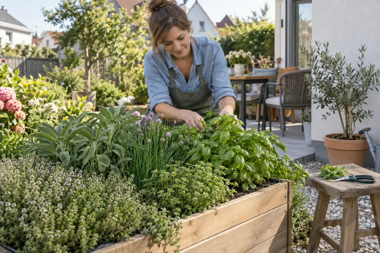 Strukturiertes Kräuterhochbeet an einer deutschen Terrasse