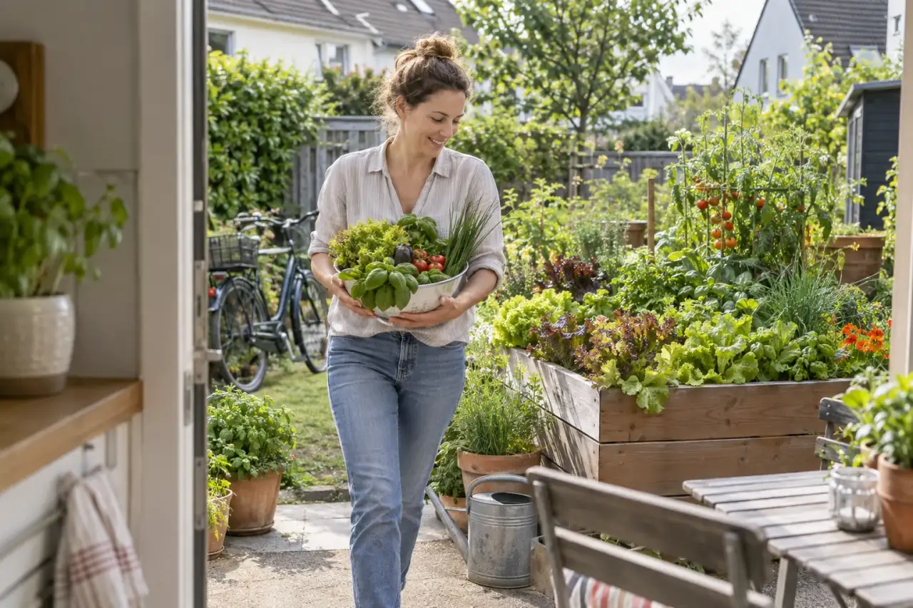 Üppiges Gemüsehochbeet mit Erntekorb aus der Küchenperspektive
