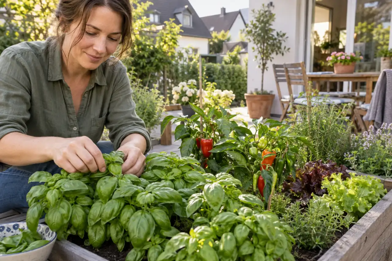 Basilikum zwischen Paprika und Blattgemüse im Sommerhochbeet