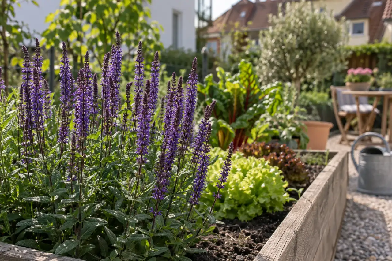 Salvia nemorosa Caradonna mit violetten Blüten im Hochbeet