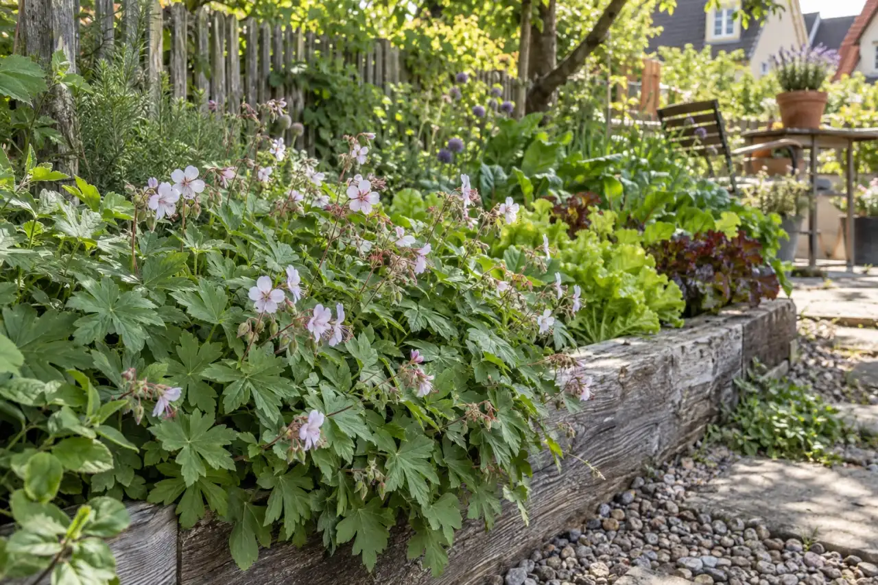 Geranium macrorrhizum Spessart am Rand eines Hochbeets