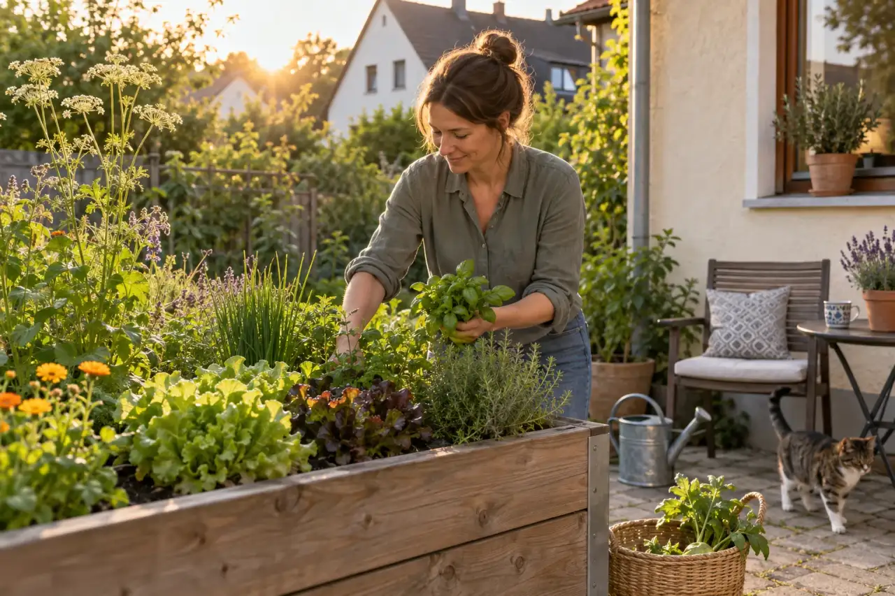 Fertig gestaltetes Hochbeet mit Ernte, Kräutern und Blüten im Abendlicht
