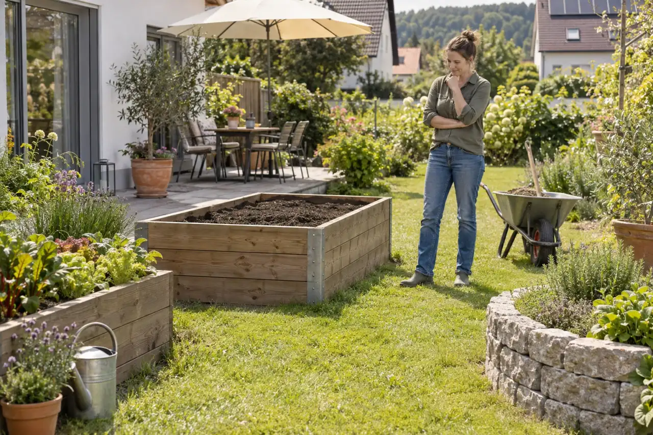 Gärtnerin betrachtet die Wirkung eines Hochbeets im Garten.