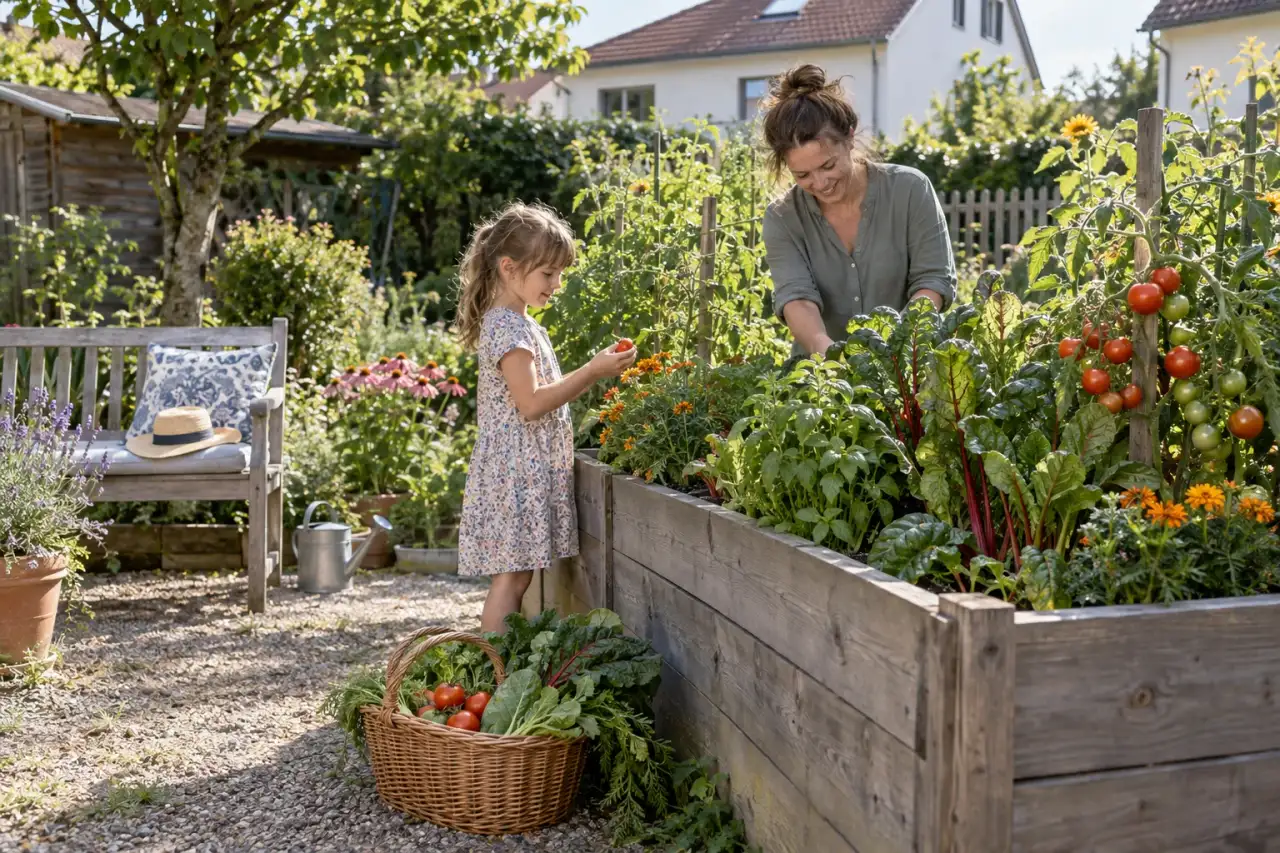 Üppiges Hochbeet neben einer einfachen Gartenbank.