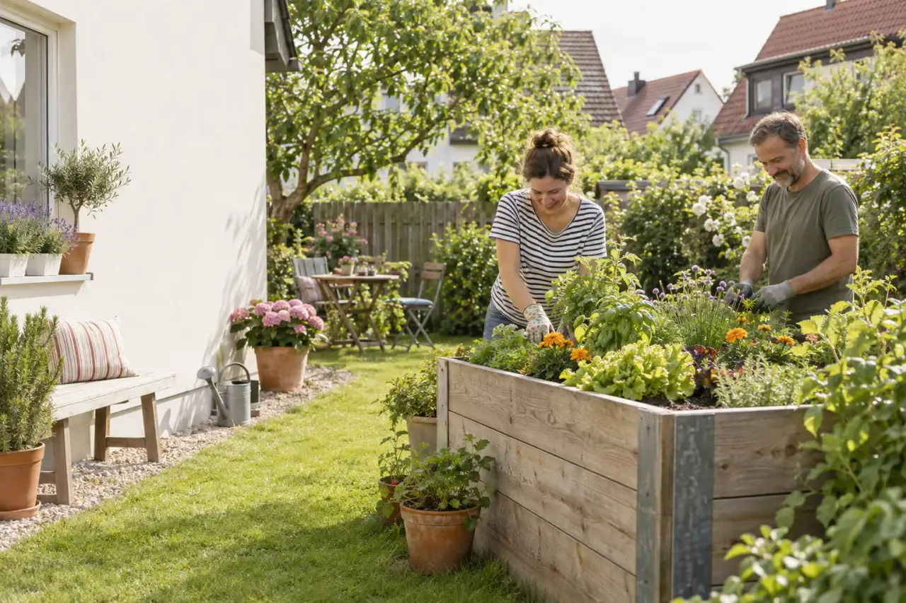 Handgebautes Hochbeet mit Mischbepflanzung im wohnlichen Garten.