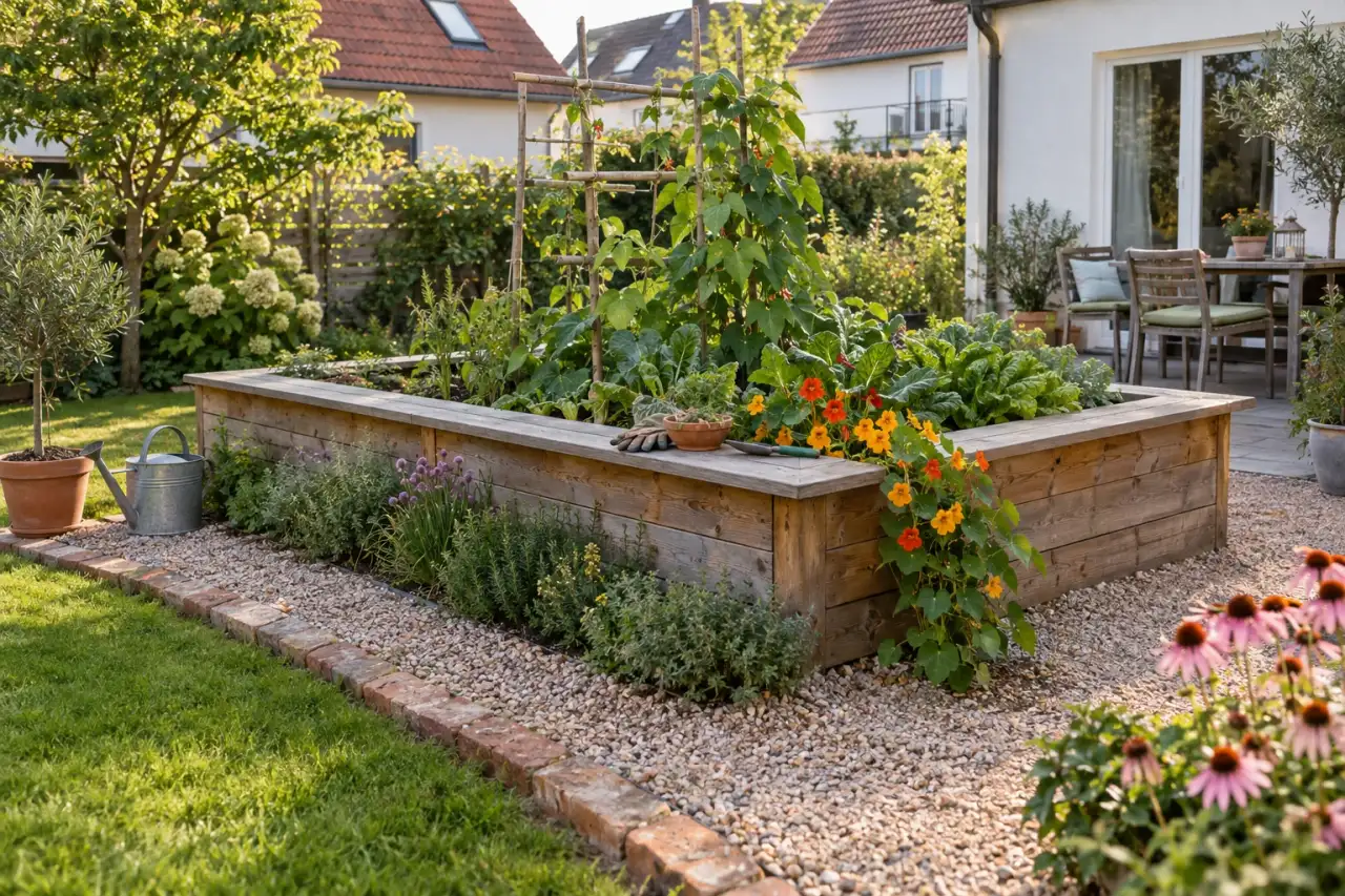 Ein Gartenbild zeigt sechs erkennbare Hochbeet-Elemente.