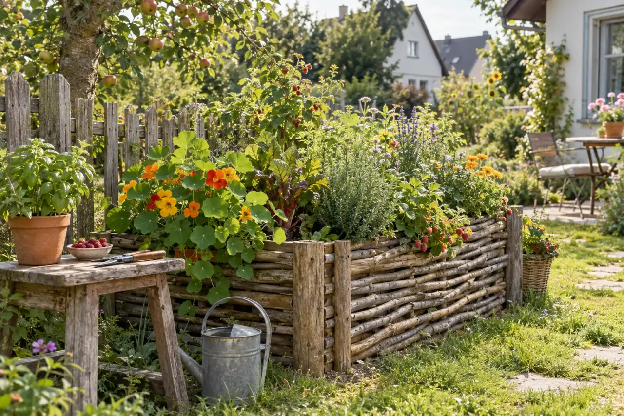 Natürliches Hochbeet mit üppigen Kräutern und Blüten am Obstgarten.