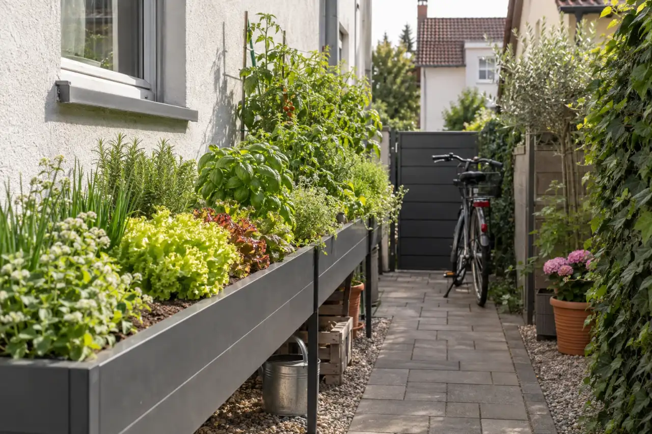 Schlankes Hochbeet nutzt einen engen Streifen am Haus.