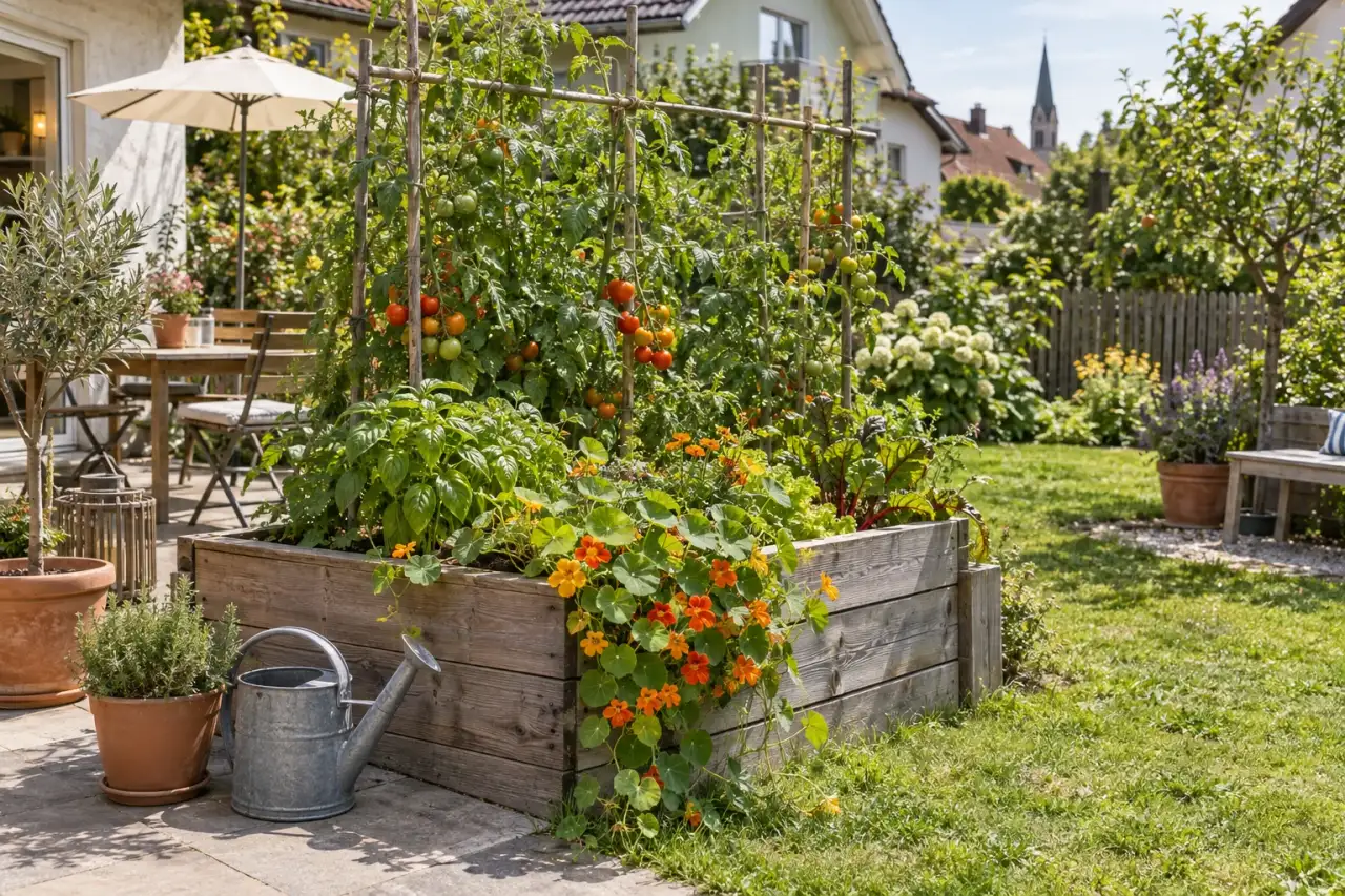 Tomaten und Kapuzinerkresse beleben ein zentrales Hochbeet.
