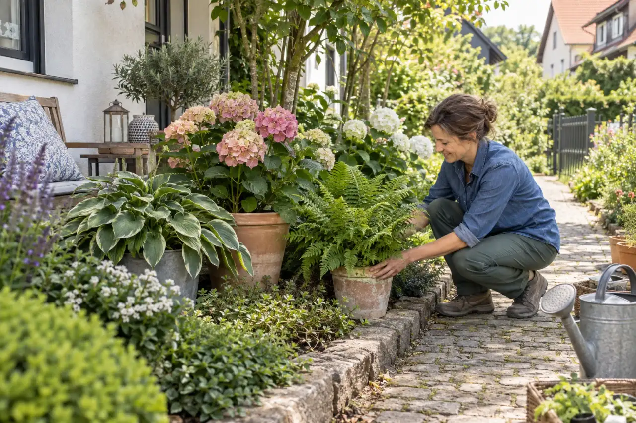 Höhenstaffelung aus Hortensien, Funkien und Farnen am Gartenweg.