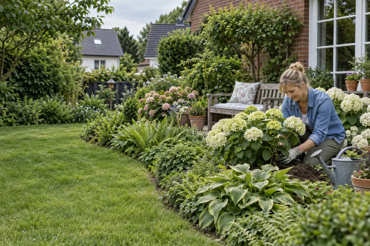 Üppiges Hortensienbeet mit Farnen und Funkien neben einem Gartenweg.