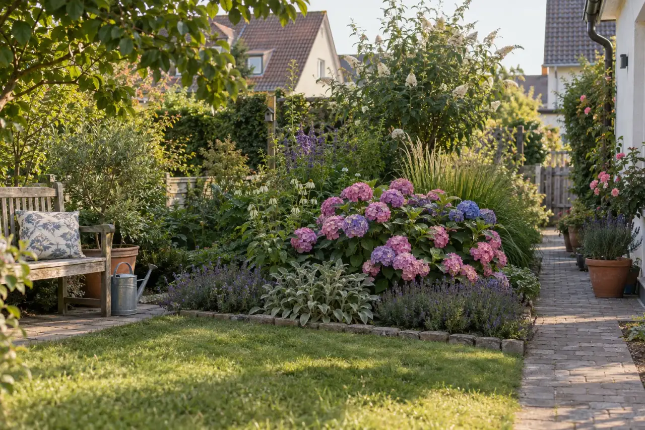 Ein Hortensiengarten mit Gruppe, Hintergrund, Blattmitte, Kante, Weg und Sitzplatz.