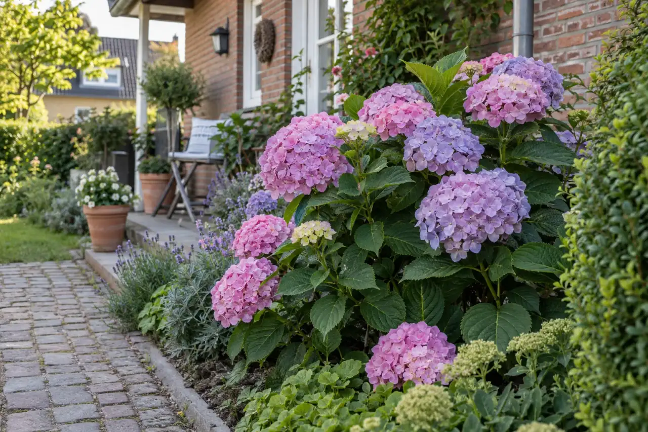 Bauernhortensie mit runden Blütenköpfen am Gartenweg.