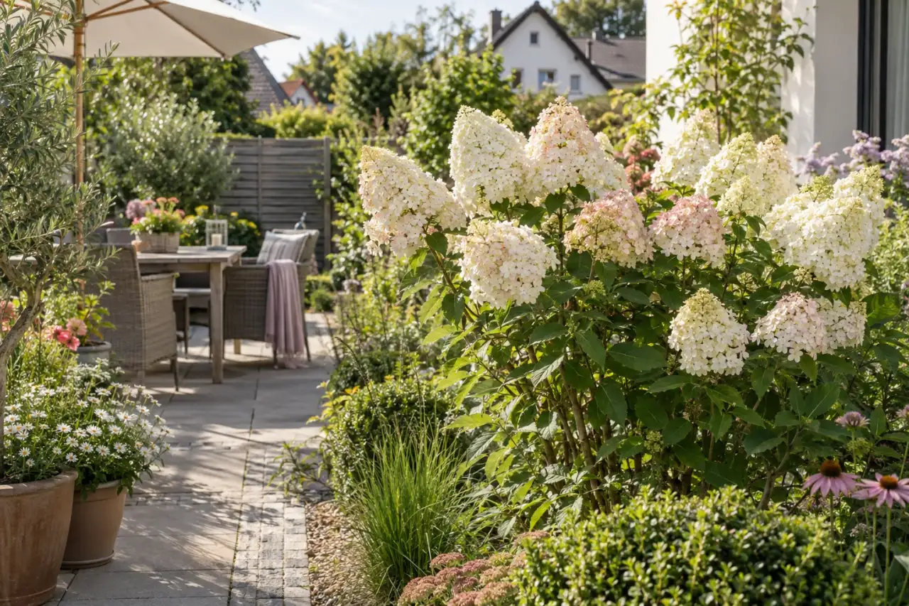 Aufrechte Rispenhortensie in einem hellen Gartenrand.