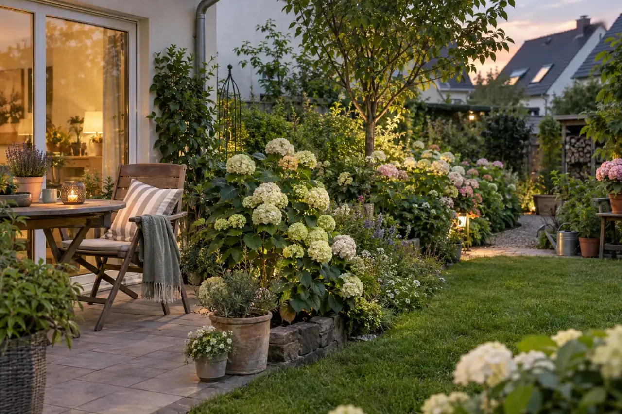 Abendlicher Blick auf ein fertig gestaltetes Hortensienbeet am Haus.