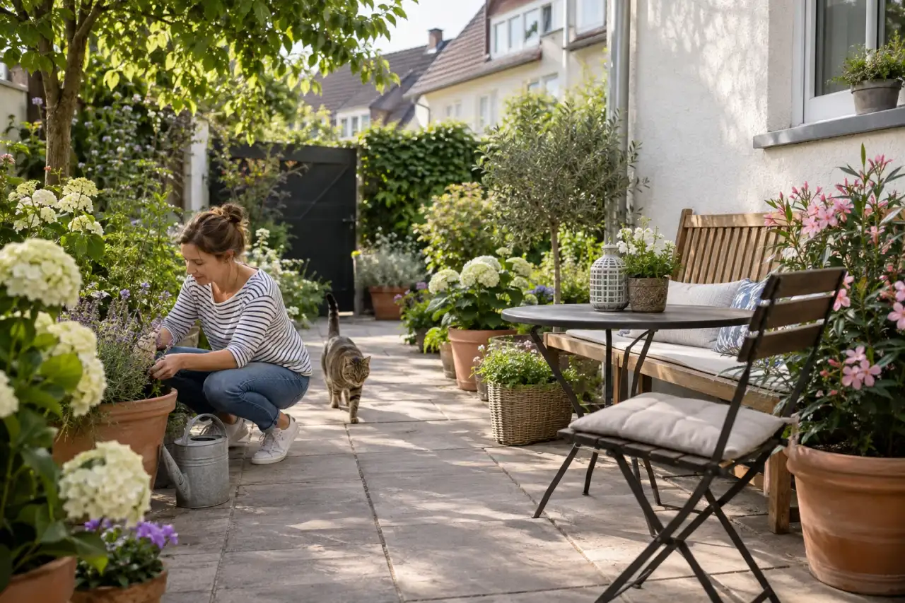 Ein fertiger kleiner Innenhof verbindet Weg, Sitzbank, Tisch und Pflanzgefäße.