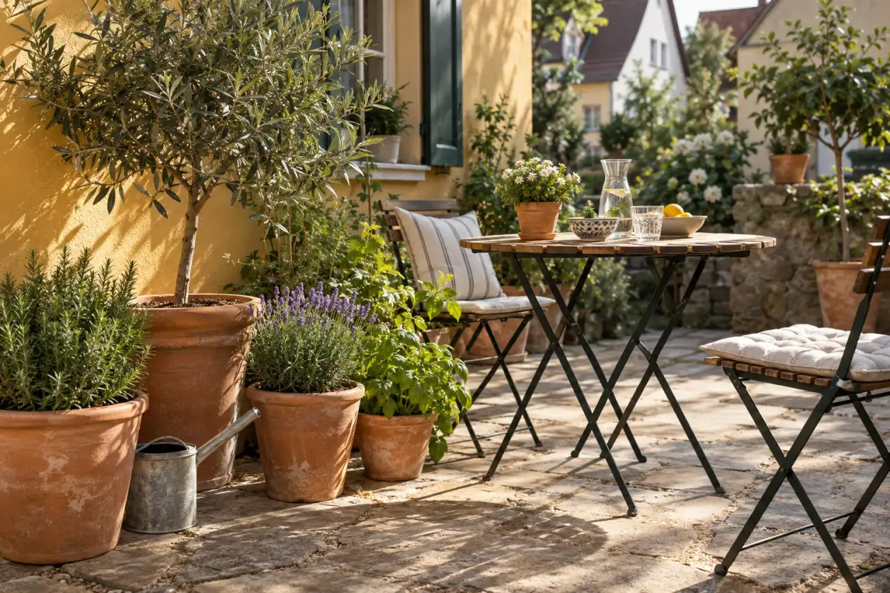 Terrakotta und Kräuter begleiten einen kleinen Tisch im sonnigen Hof.