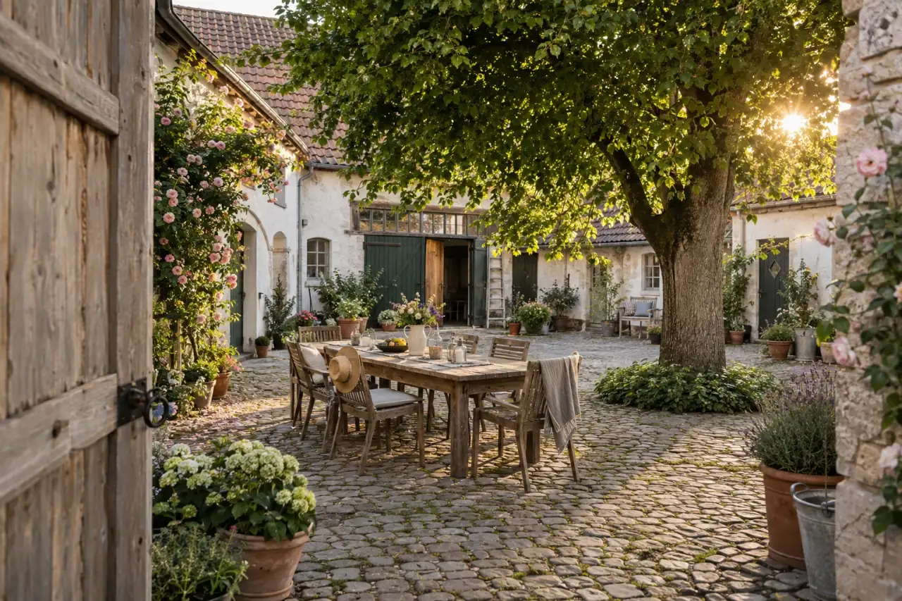 Historischer Vierkanthof mit langem Tisch, Linde und alten Mauern.