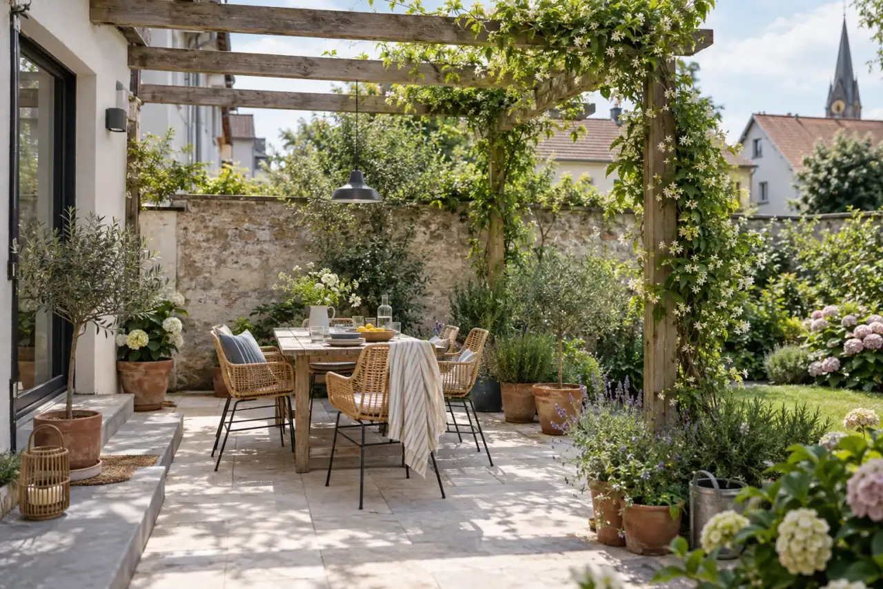 Eine offene Pergola fasst einen kleinen Sitzplatz mit leichter Begrünung.