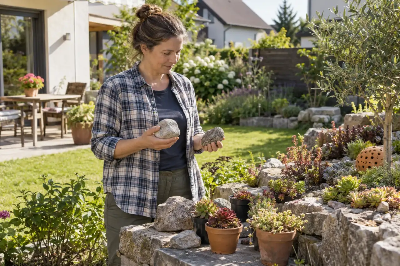 Gärtnerin wählt Steine und Sukkulenten für ein sonniges Beet aus.