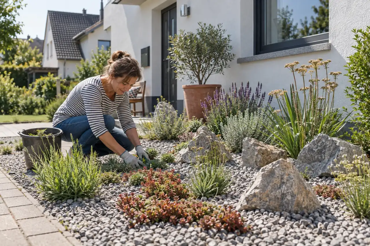Klares Mittagslicht betont die Geometrie eines Steinbeets.