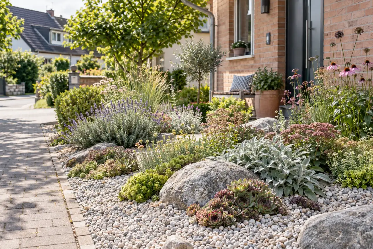 Sonniges Kiesbeet mit Findlingen, Hauswurz und Sedum vor einem Wohnhaus.