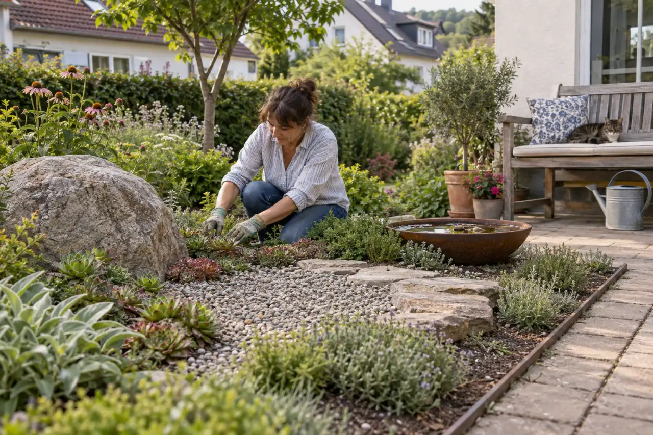 Eine Gartenszene mit Findling, Kiesfläche, Rosetten, Platten, Kante und Schale.